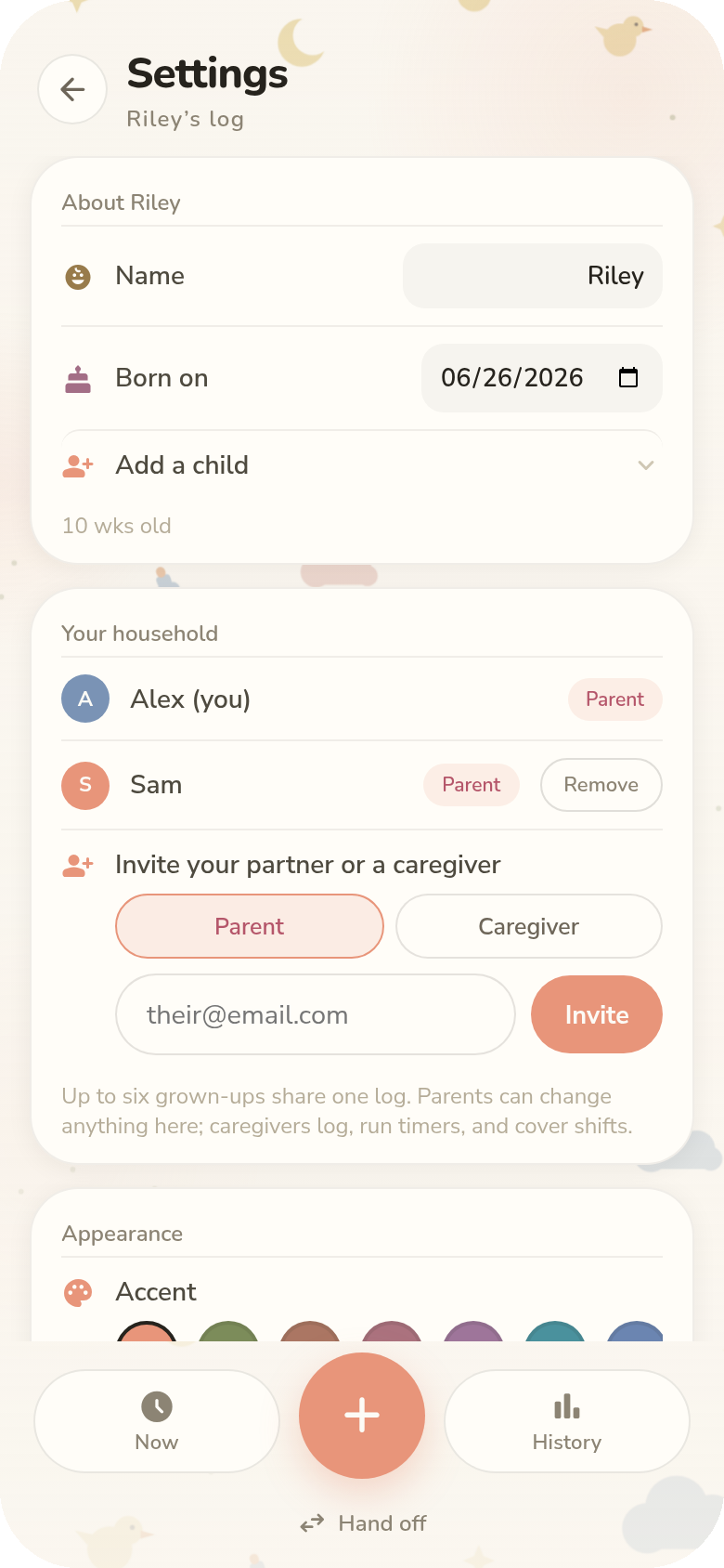 Settings screen: baby’s name and birth date, household members, and inviting your partner or a caregiver