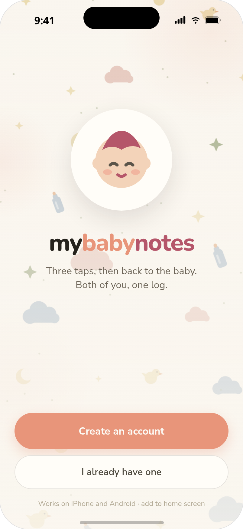 Splash screen with the app mark and Create an account button